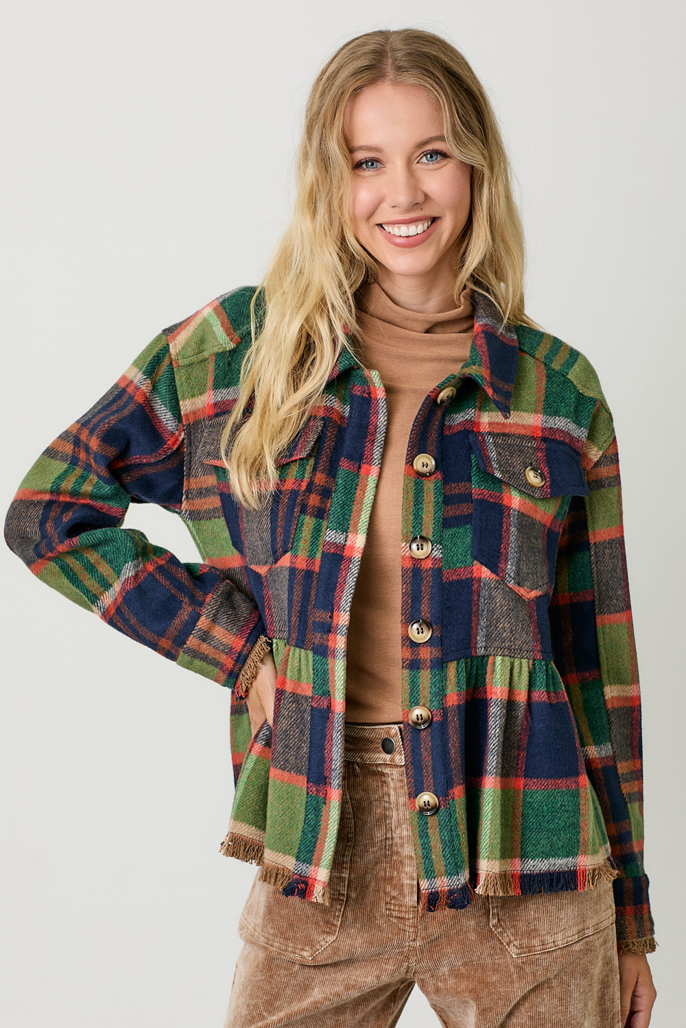 Peplum Fringe Plaid Jacket Navy Mix