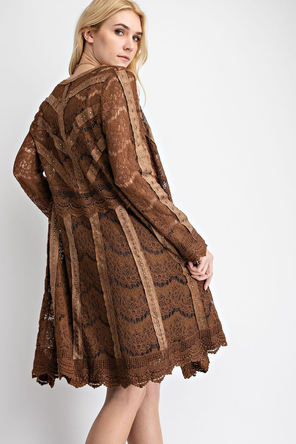 Studded Suede Details Lace Jacket Camel