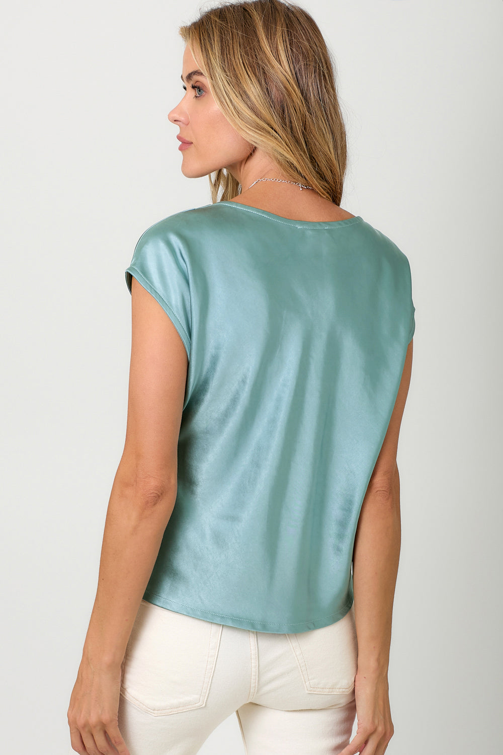 Satin Boat Neck Short Sleeve Blouse Seafoam