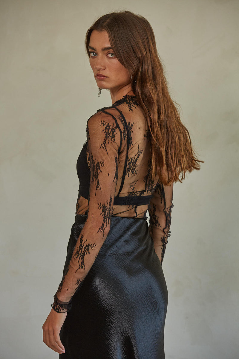 Aubrey Knit Jacquard Lace Mock Neck Top Black