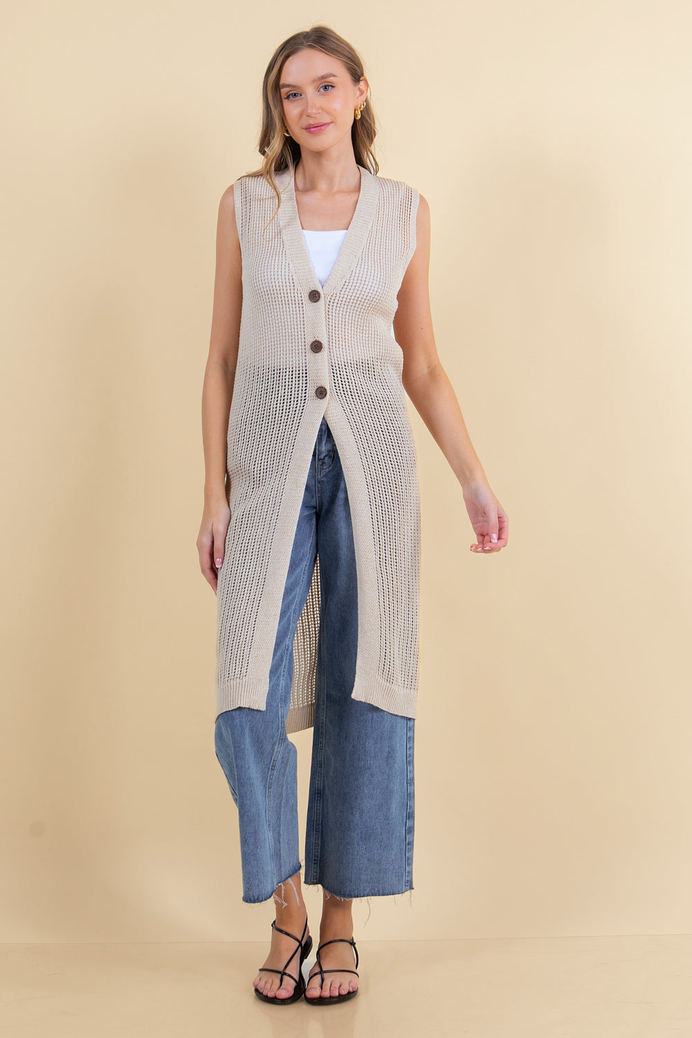 Open Knit Sweater Vest Duster Natural