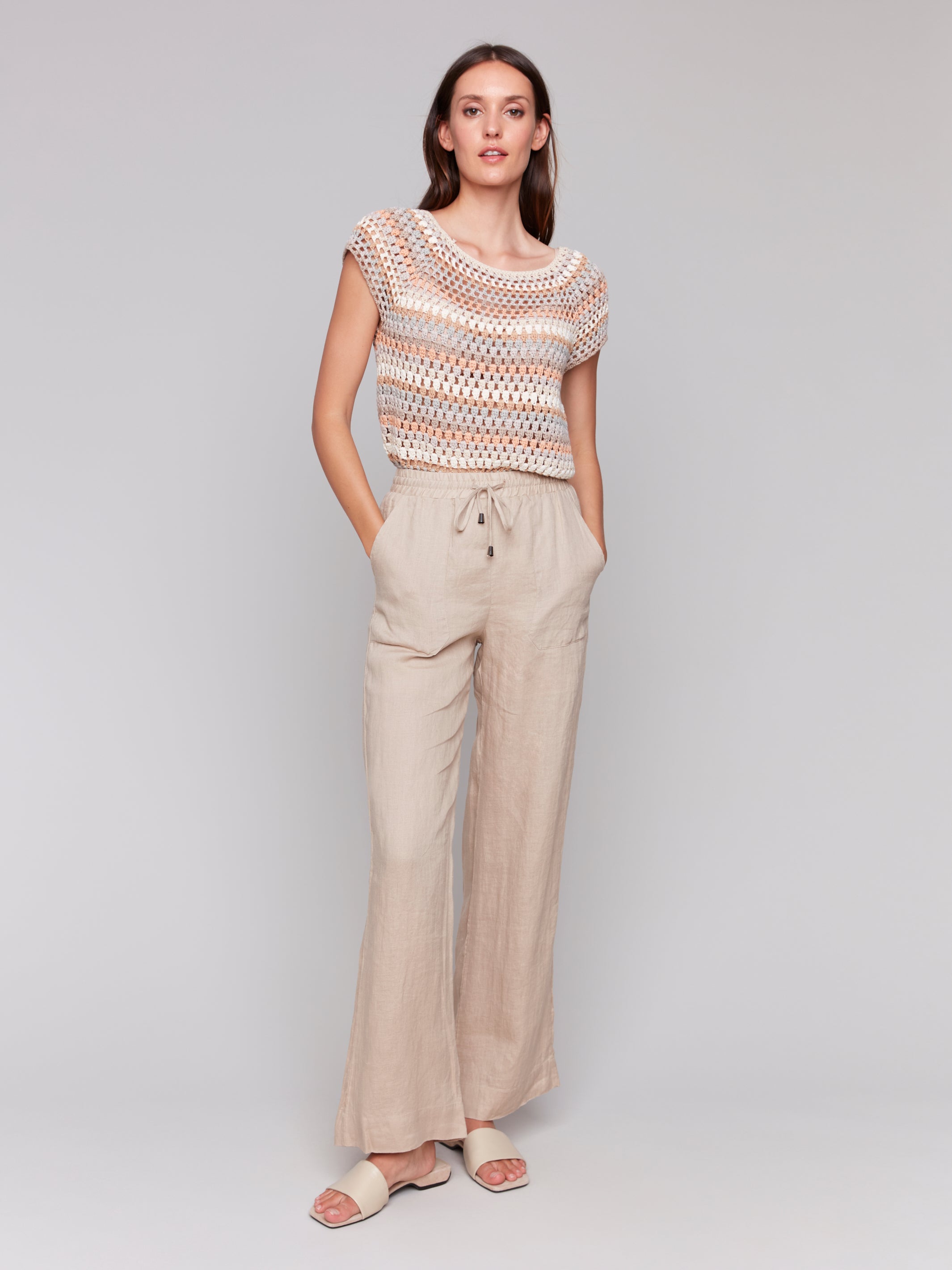 Pull On Linen Wide Leg Pants Biscuit