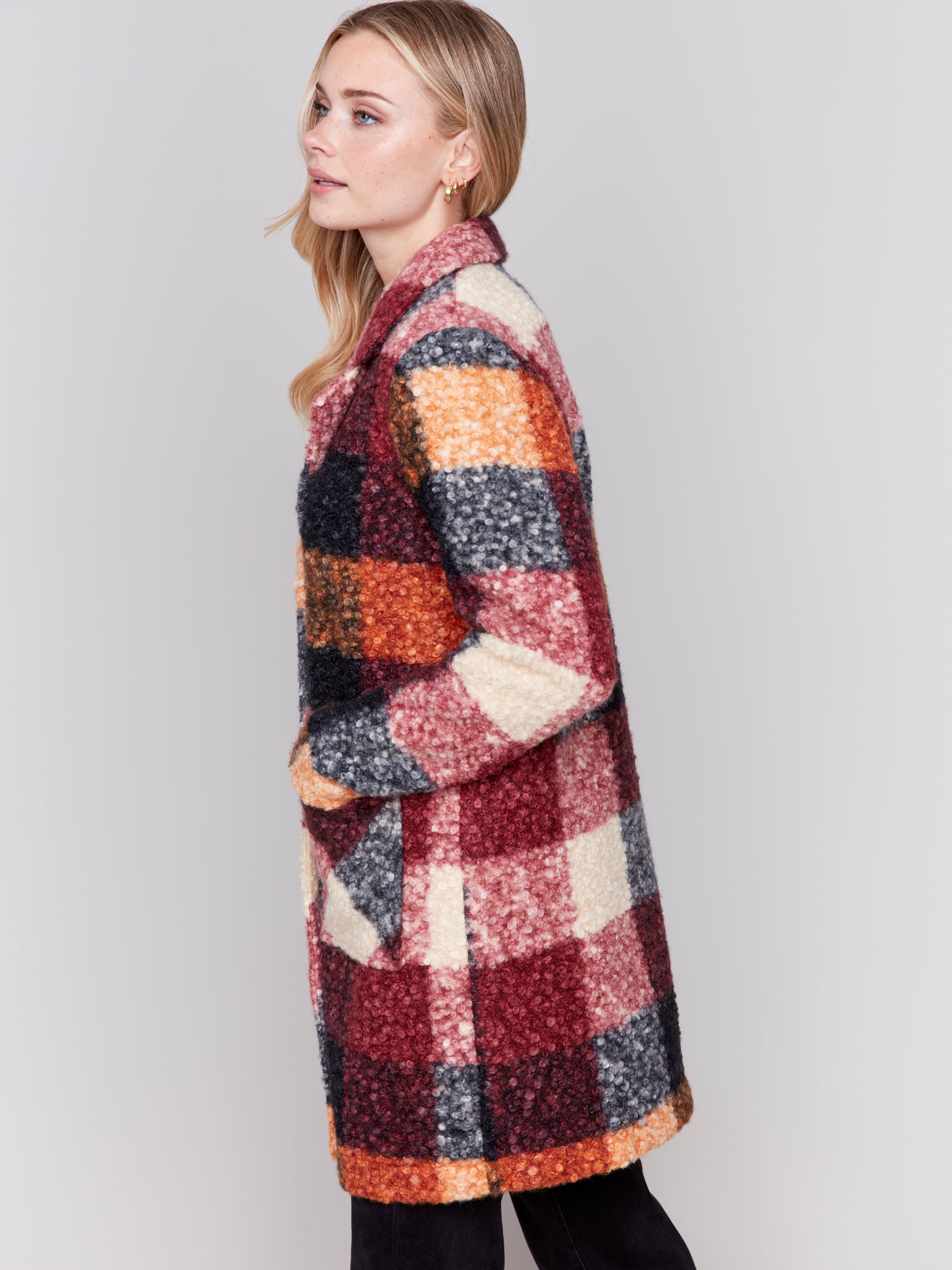 Plaid Boucle Knit Coat Cabernet