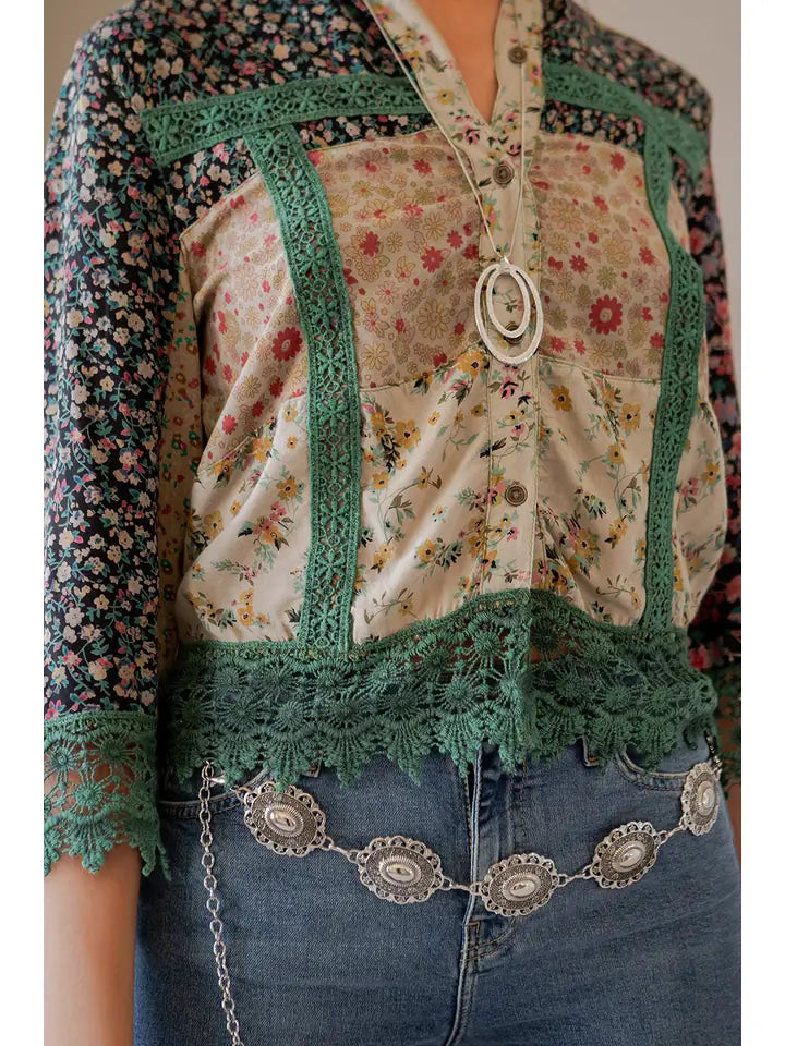 Boho Patchwork Crochet Detail Jacket Basil