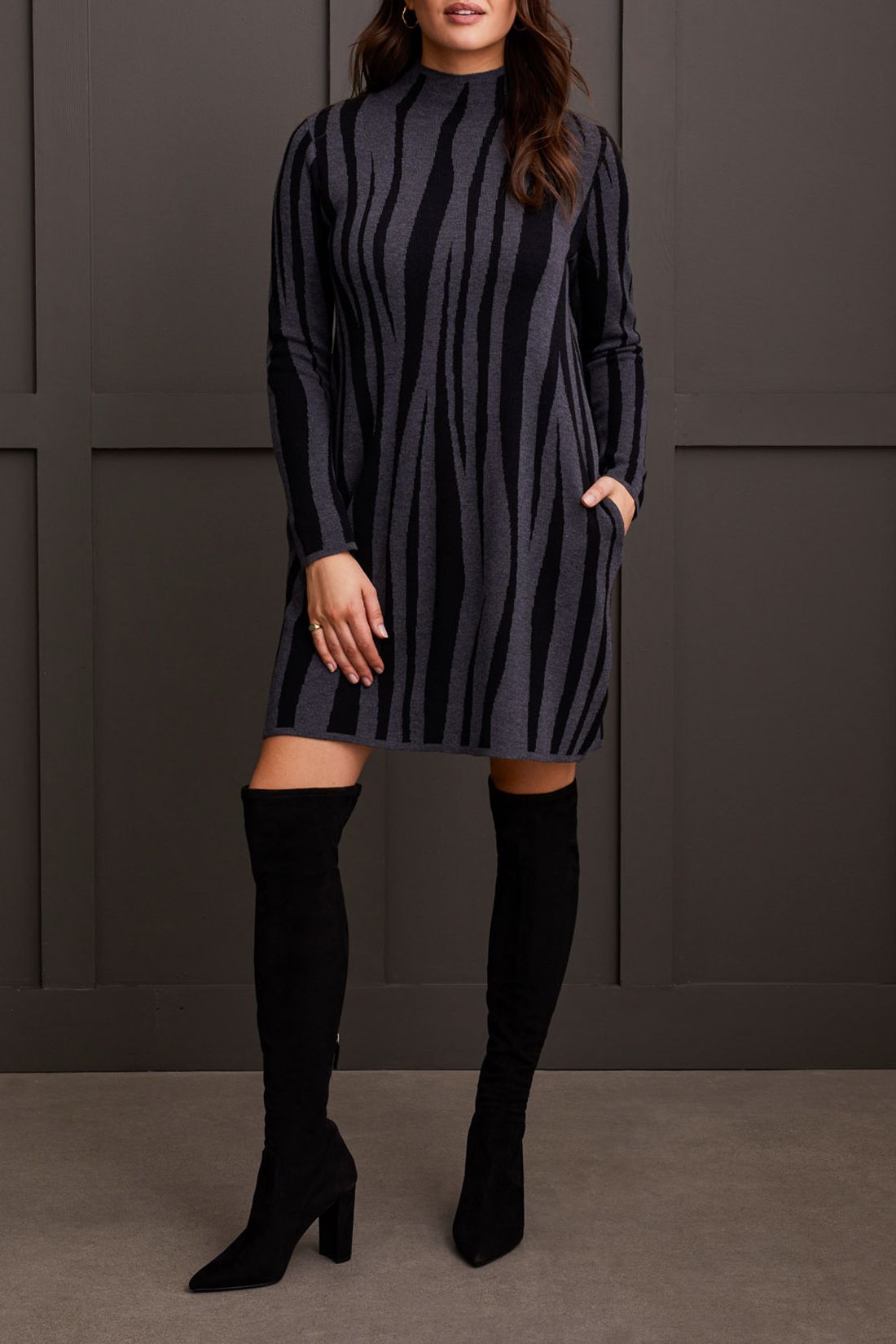Funnel Neck Jacquard Sweater Dress Charcoal