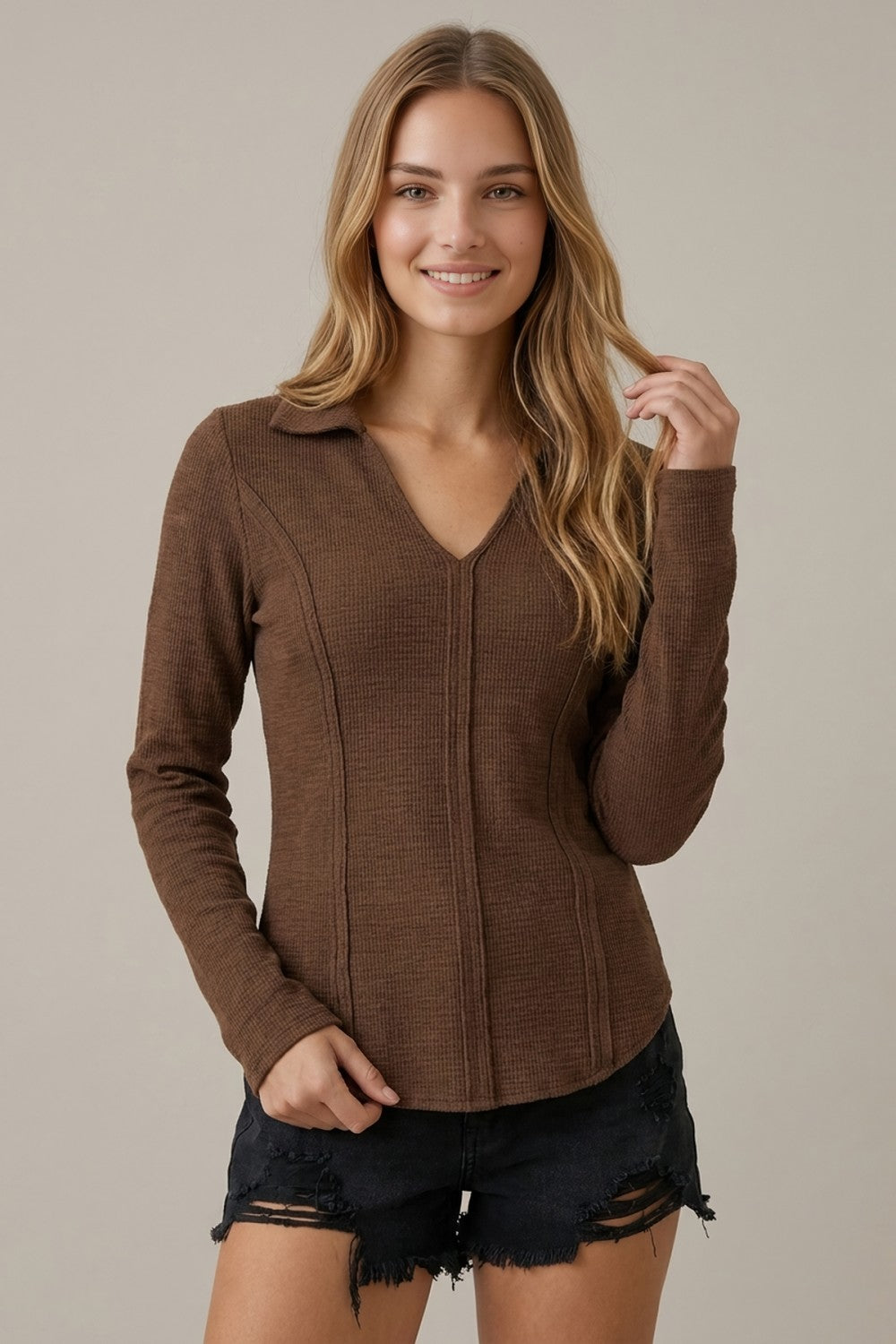 Stitched Out Seam Detail Long Sleeve Collared TOp Brown