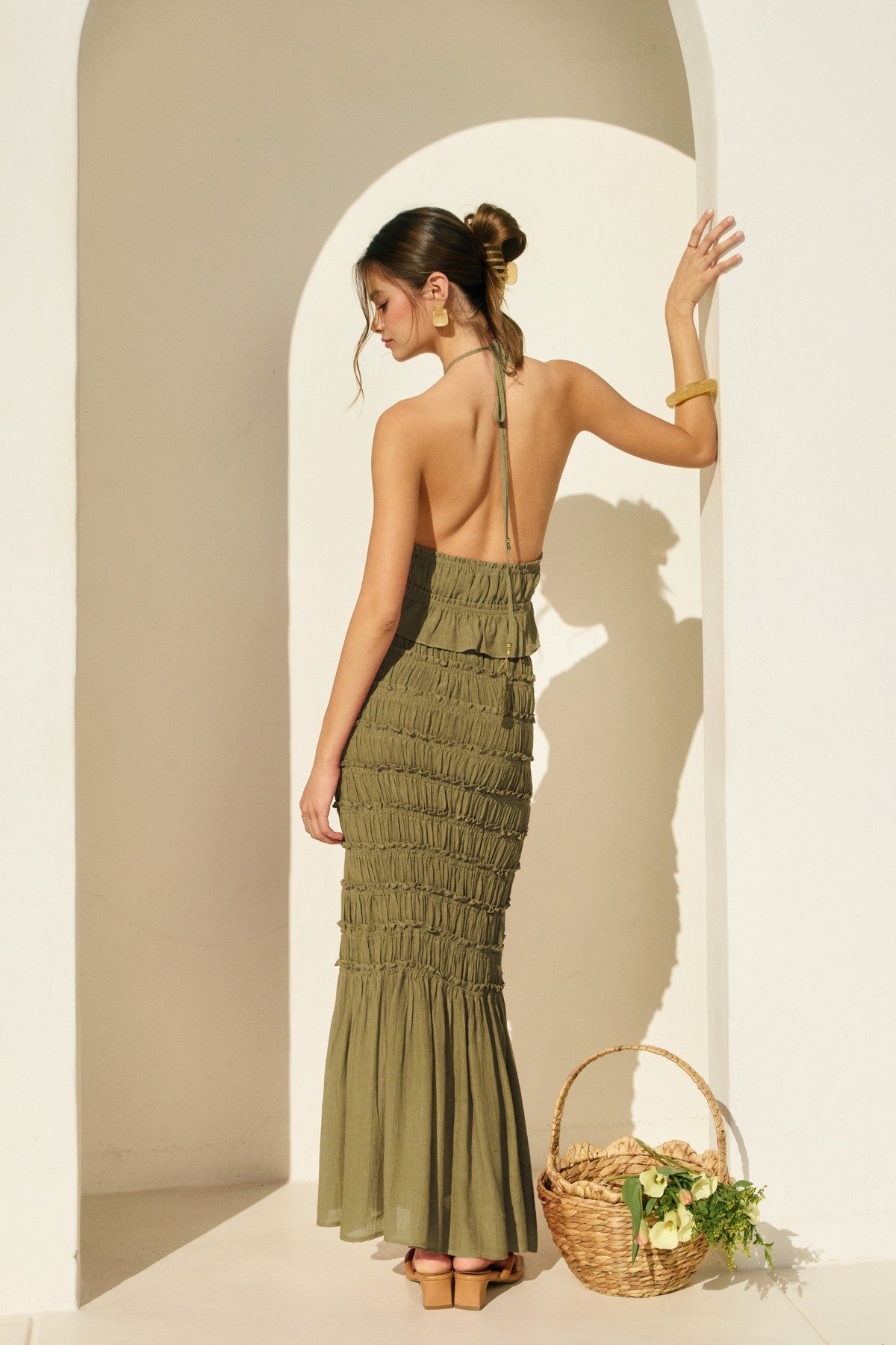 Smocked Pull On Mermaid Skirt Light Olive
