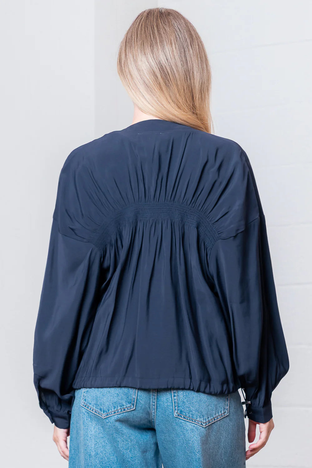 Embroidered Smock Detail Balloon Sleeve Jacket Navy