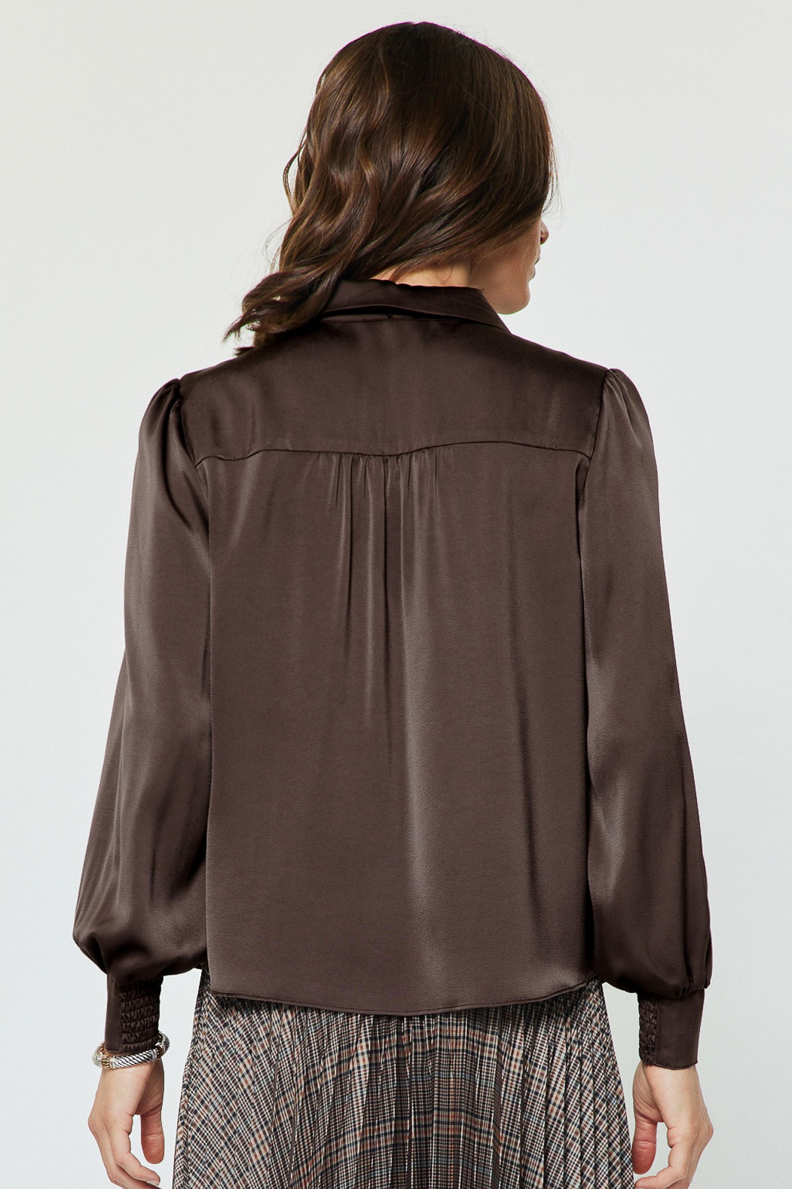 Satin Tie Neck Smock Cuff Blouse Brown