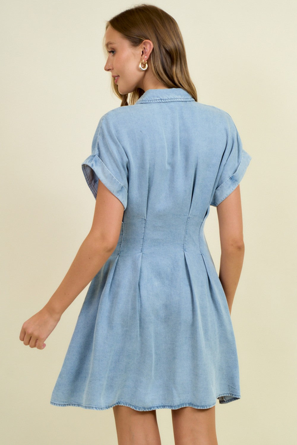 Denim Waist Pleats Collared Mini Dress Light Denim
