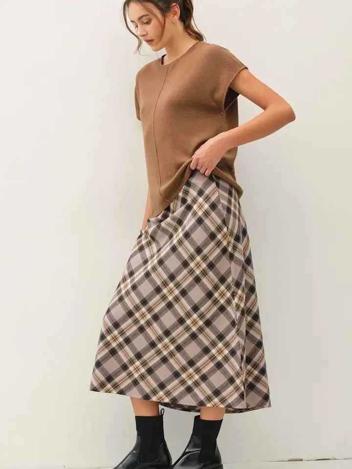 Campbell Plaid Knee Length Skirt Greige