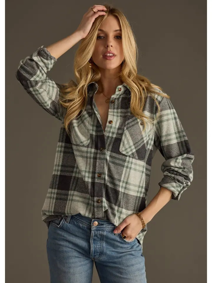 Button Up Plaid Shirt Charcoal + Green