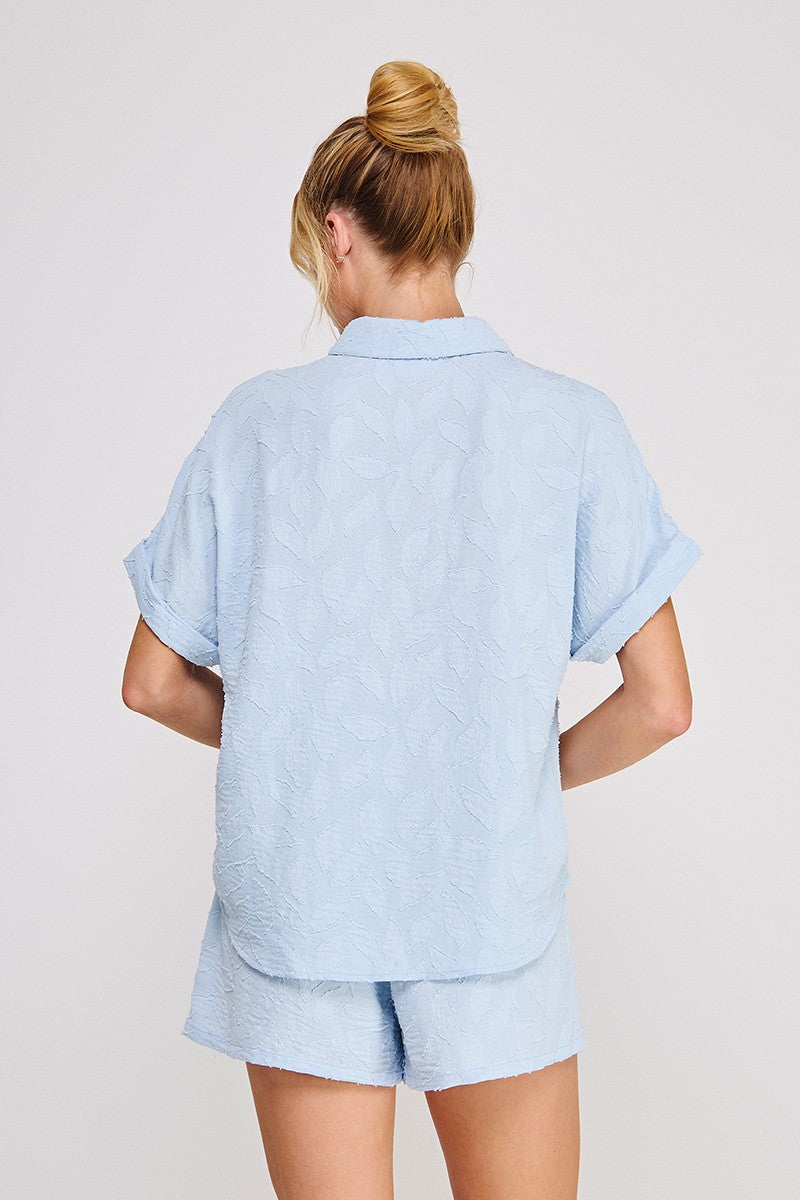 Breezy Jacquard Button Up Short Sleeve Shirt Sky