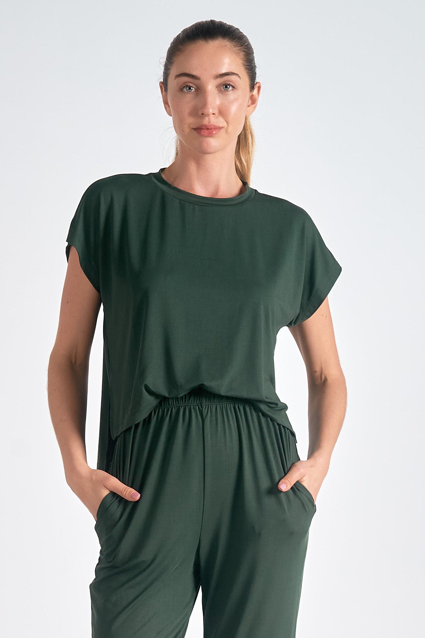 Short Sleeve Hi Low Jogger Jumpsuit Dark Green