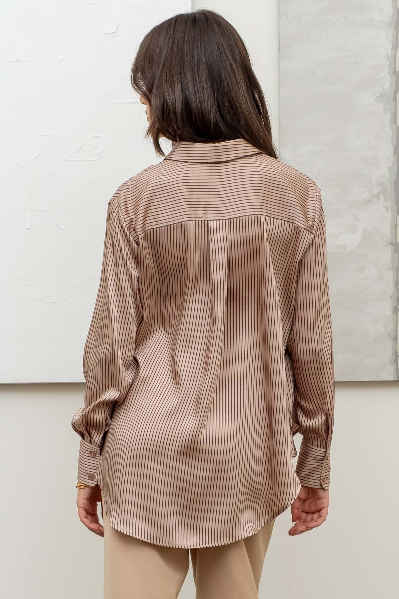 Pinstripe Button Up Woven Top Light Mocha