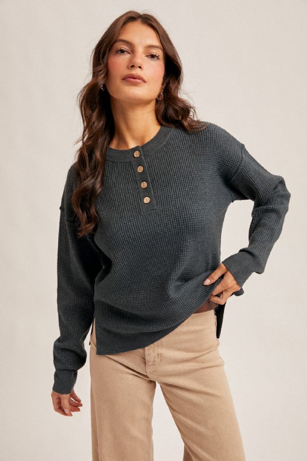 Side Slit Waffle Sweater Button Up Dk. Teal