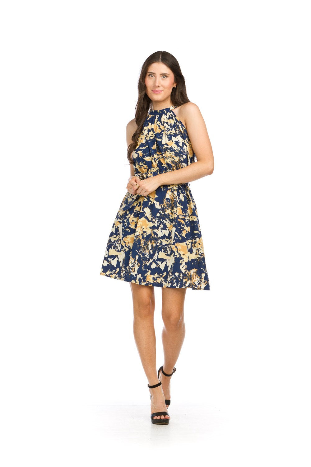 Printed Halter Tie Belt Dress Navy