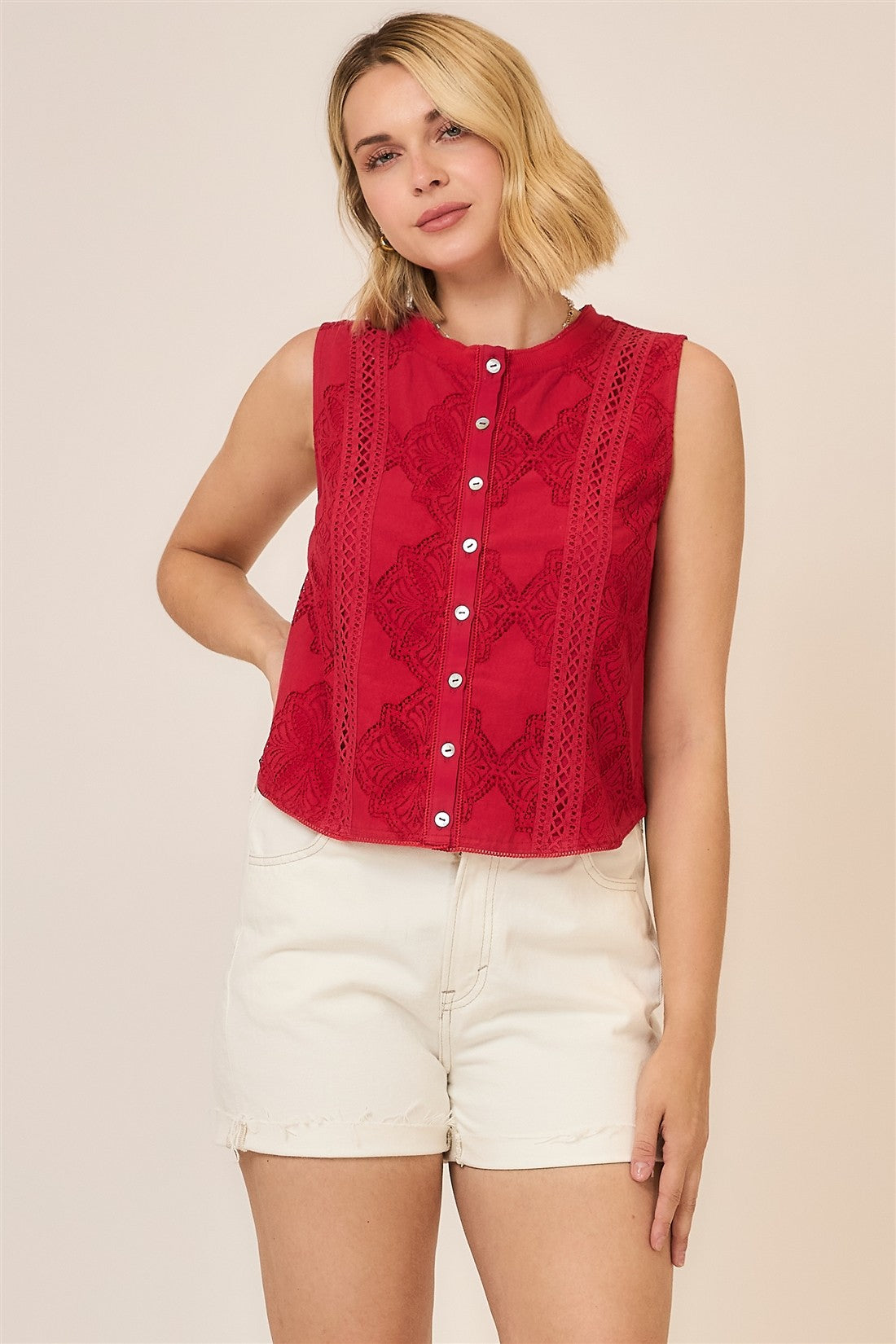 Lace Button Up Sleeveless Top Red