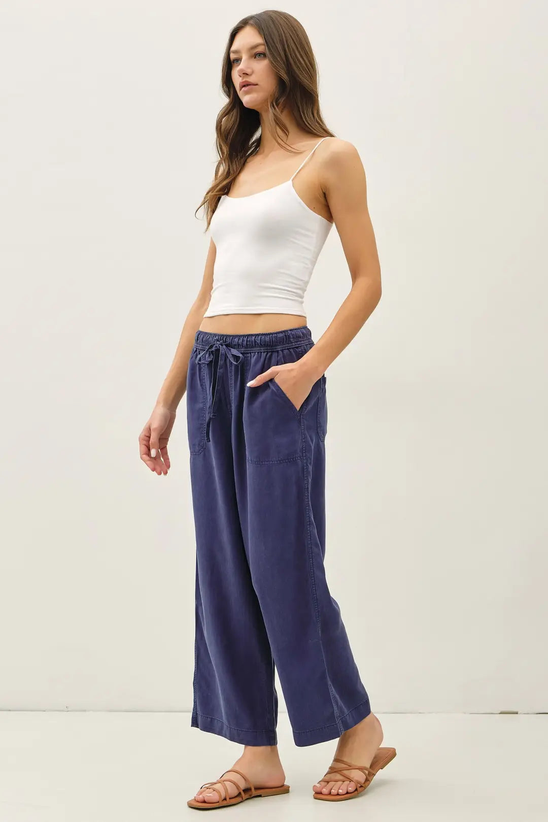 Tencel Wide Leg Cropped Pants Marine Blue