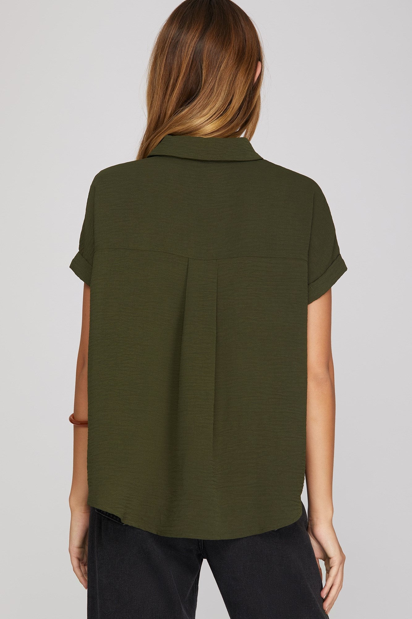 Drop Shoulder Collared Woven Top Olive