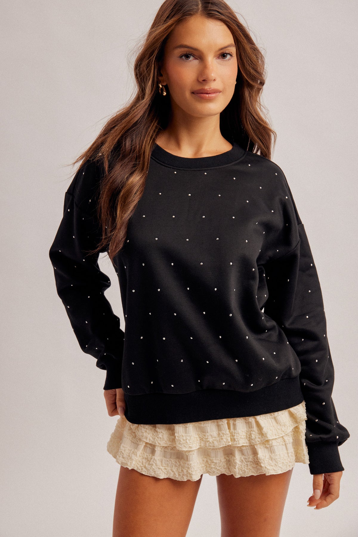 Crystal Stud Embellished Crew Neck Sweatshirt - Black