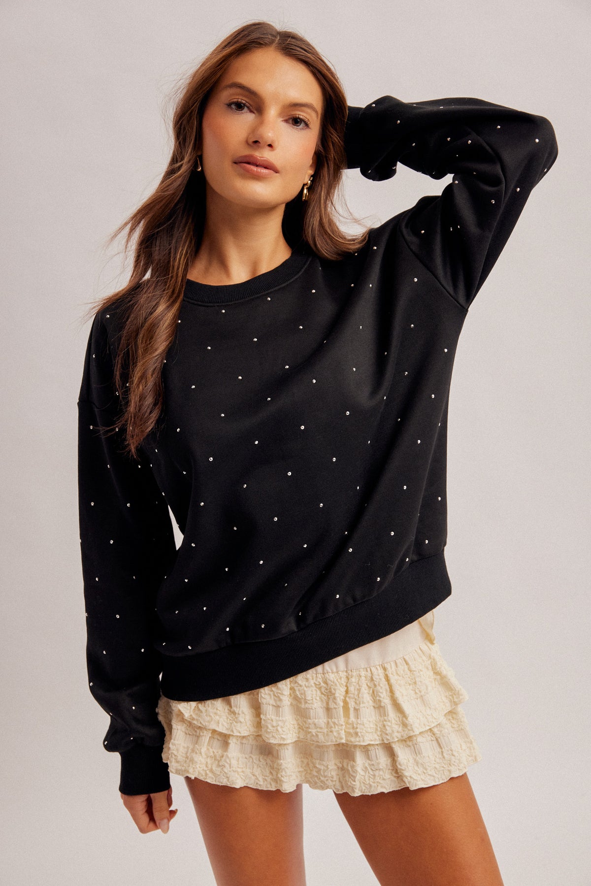 Crystal Stud Embellished Crew Neck Sweatshirt - Black