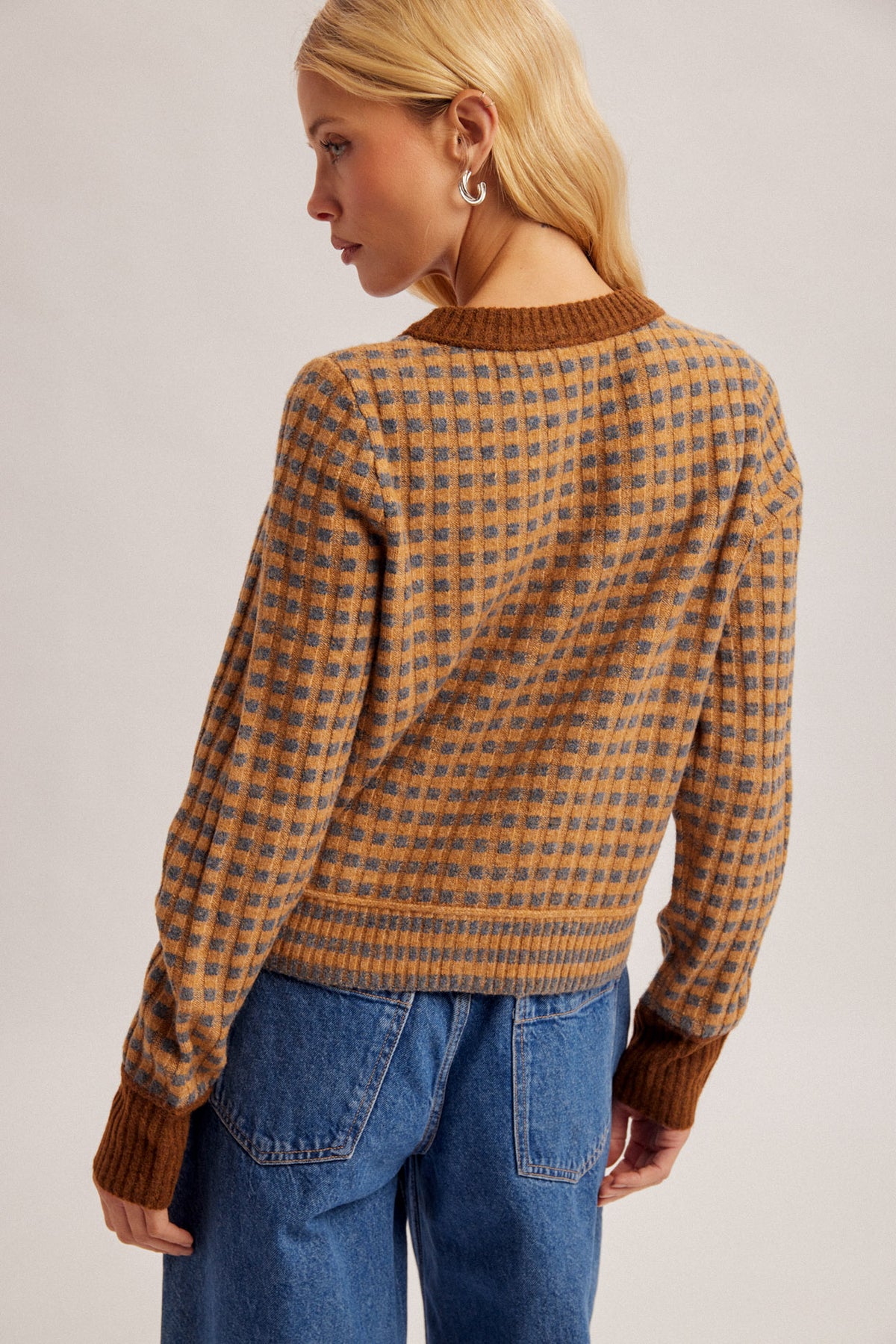 Colorblock Mini Check Motif Cardigan - Caramel + Charcoal