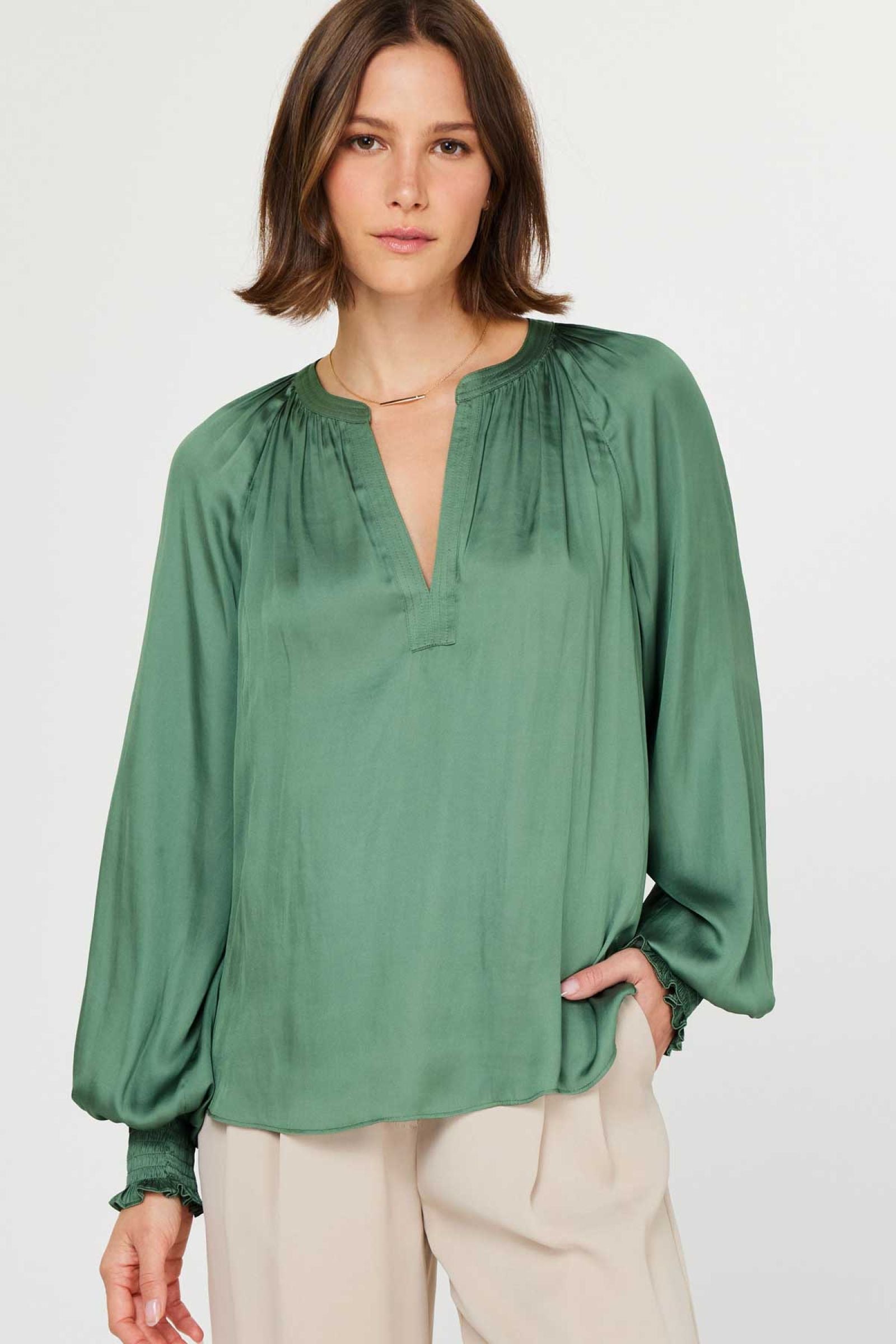 Shirred Neckline Blouse Hunter Green
