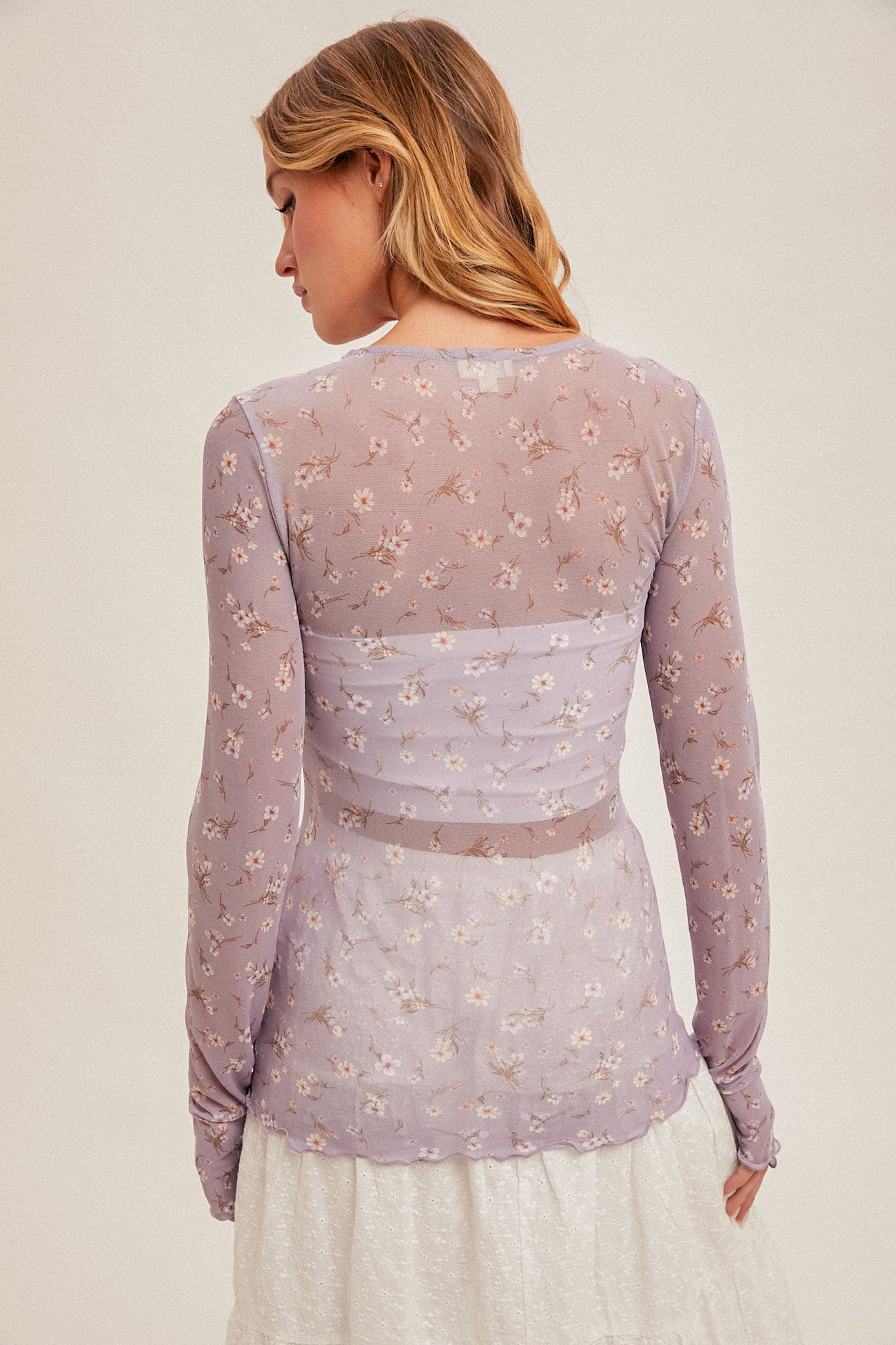 Ditsy Floral Mesh Cabbage Hem Layering Top Lavender