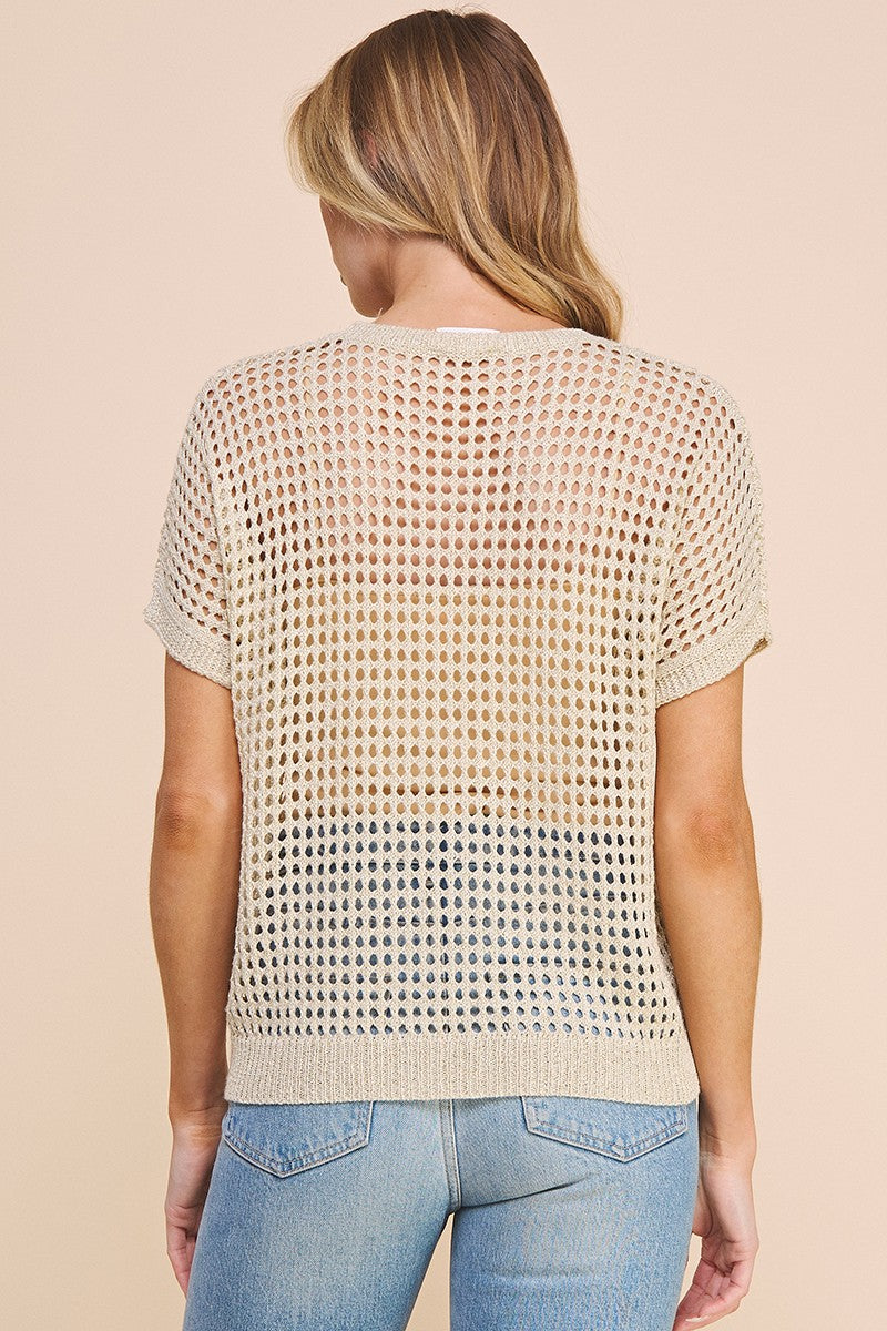 Open Weave Foil Knit Crochet Short Sleeve Cream Gold