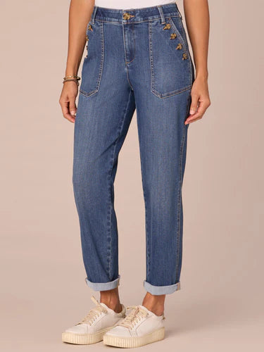 Buttoned Patch Pocket Roll Cuff High Rise Jeans Blue