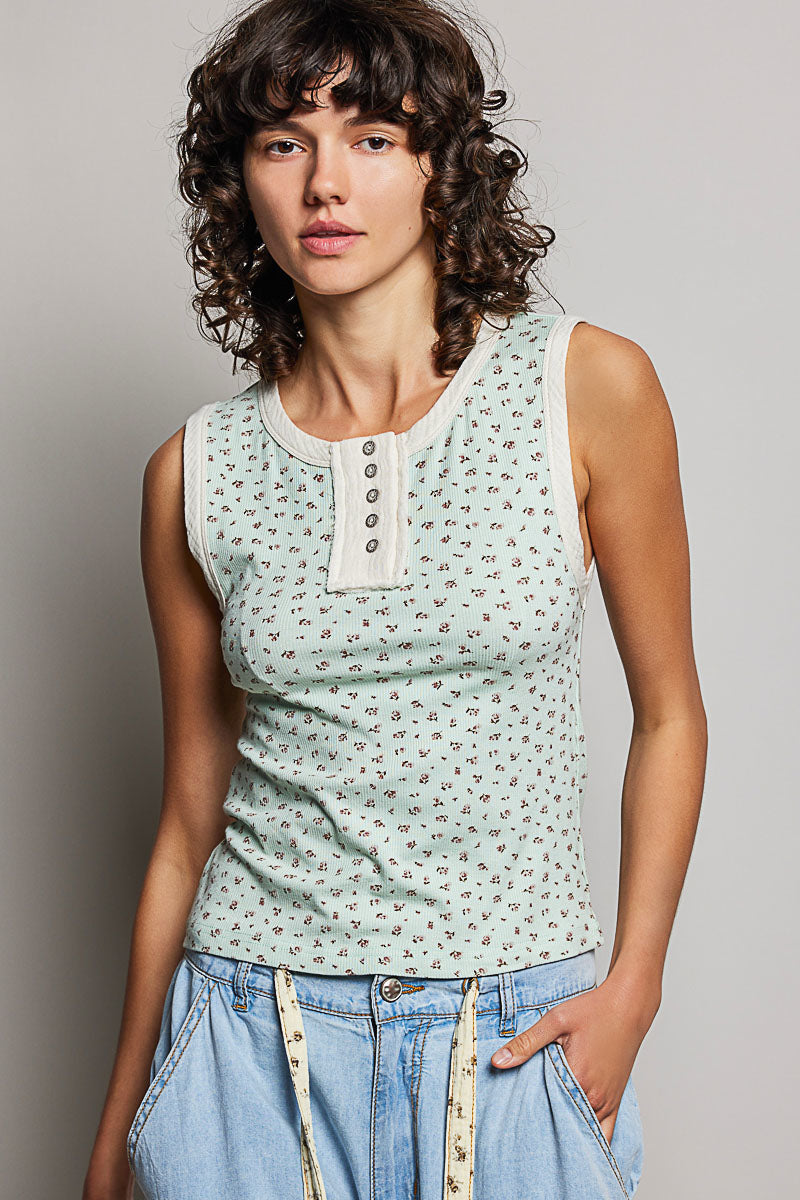Vintage Mini Floral Henley Tank Mint