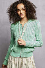 Floral Lace String Cable Knit Zip Hoodie Sweater Mint