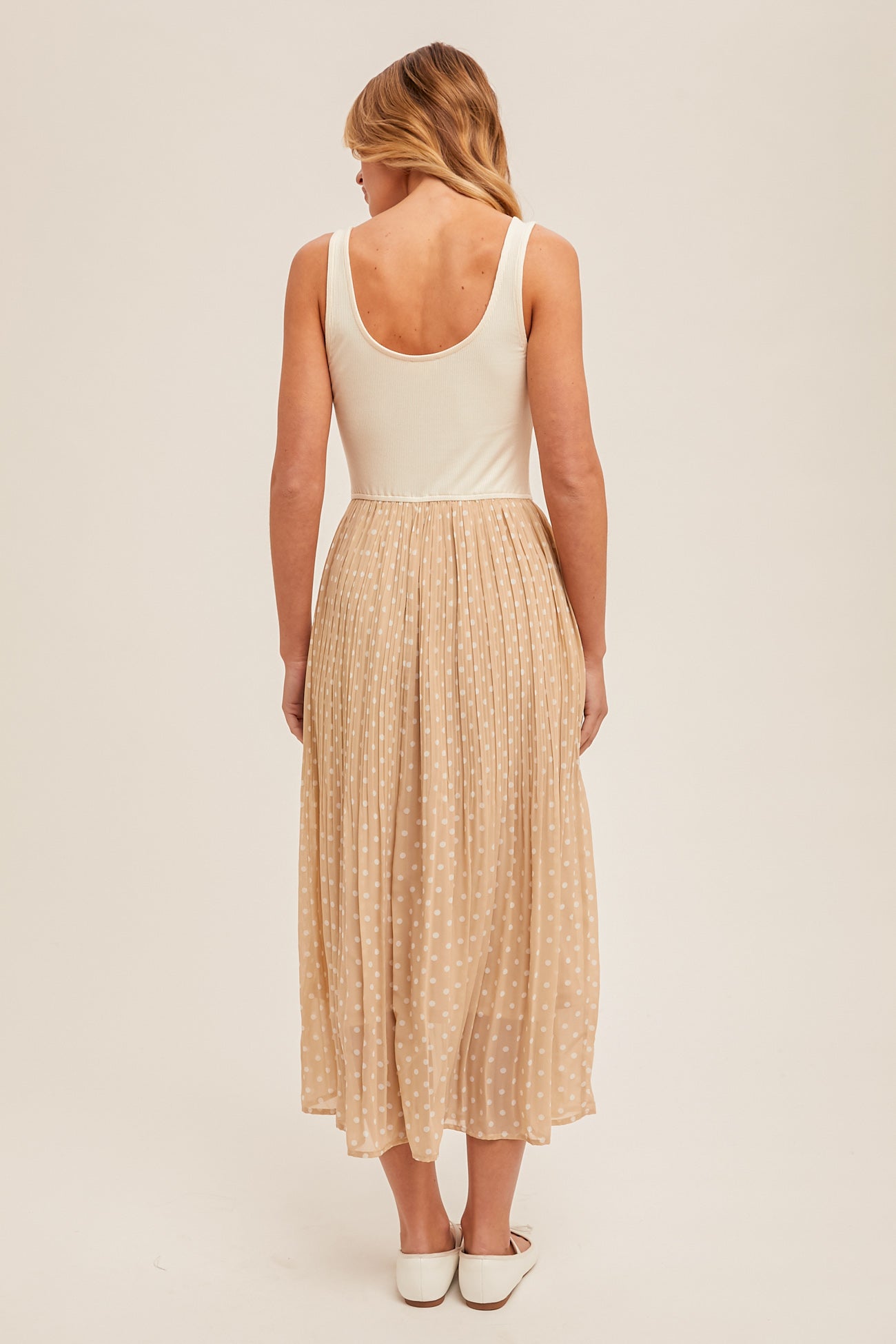 Pleated Polka Dot Contrast Midi Dress Ecru