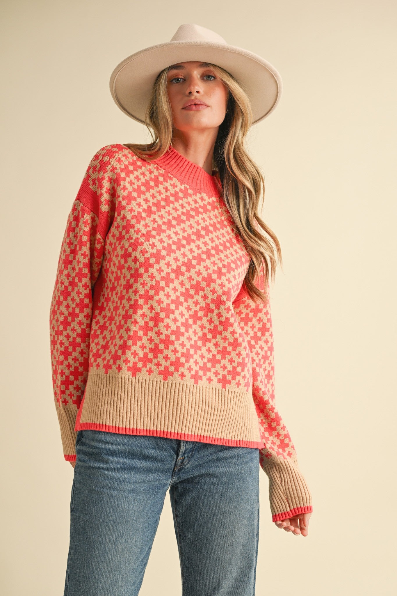 Mock Neck Plus Print Side Slit Pullover Sweater Coral Taupe