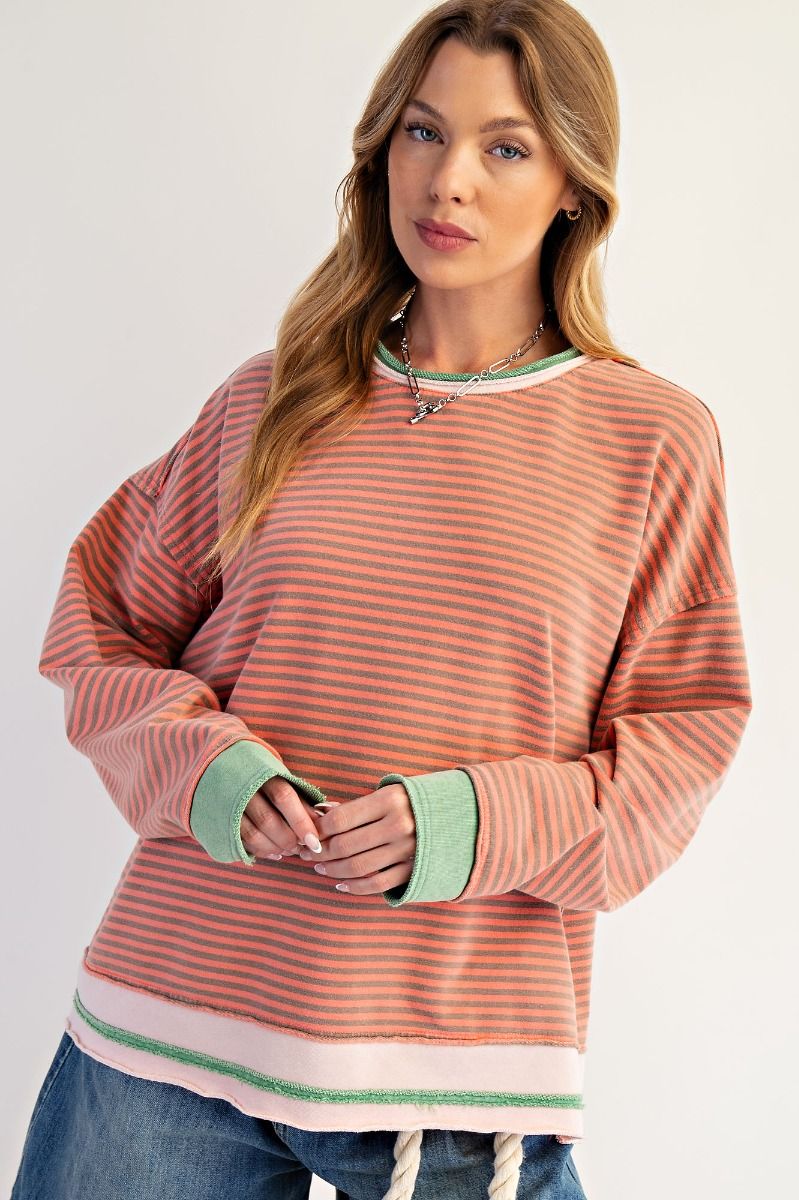 Oversized Striped Washed Terry Pullover Coral Grey