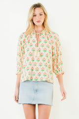 Stemmed Floral 3/4 Sleeve Tassel Top Cream