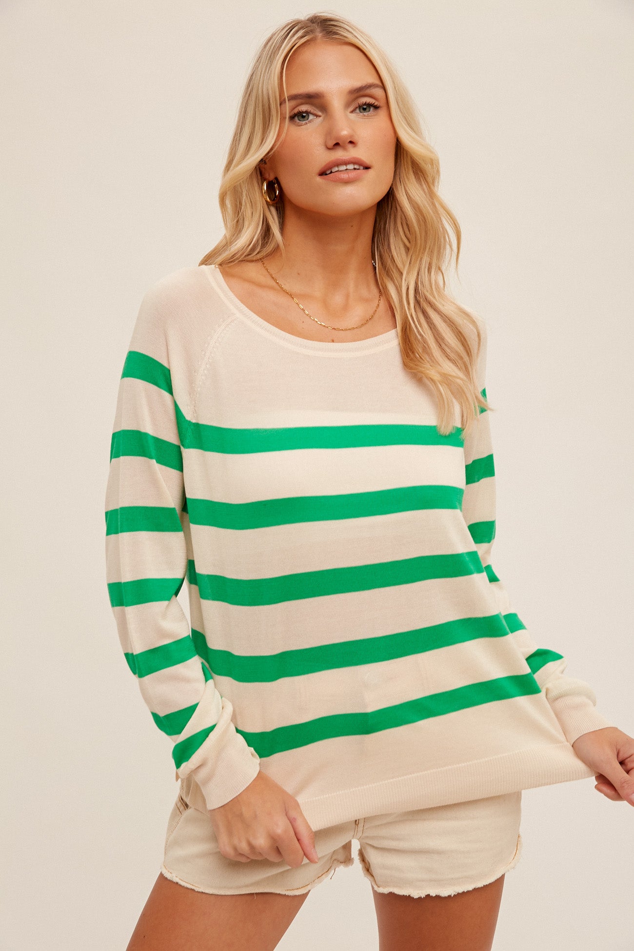 Raglan Sleeve Basic Stripe Pullover Sweater Kelly Green