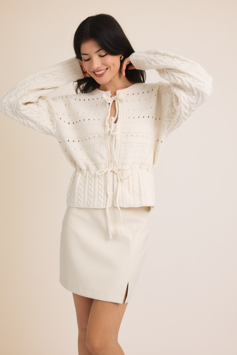 Front Ties Open Knit Sweater Cardi White