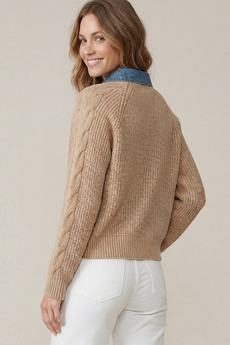 Washed Denim Collared Sweater Top Taupe