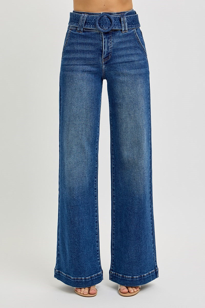 Tummy Control High Rise Wide Leg Belted Jean Dark