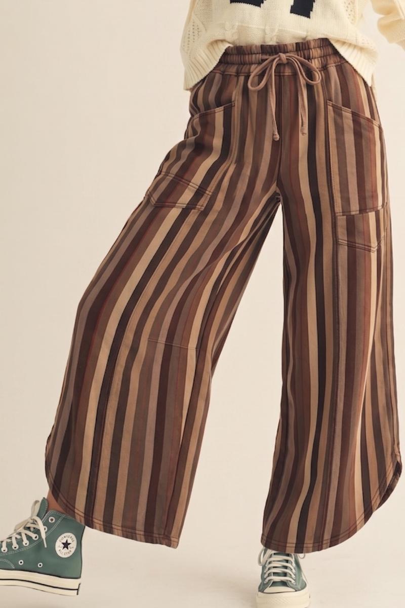 Stripe Tulip Hem Washed Denim Pants Mocha Mousse