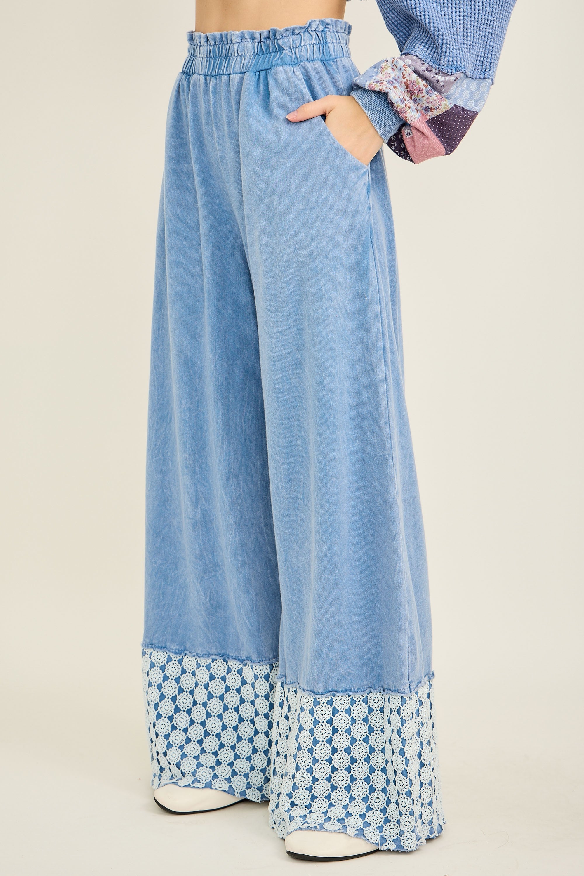 Mineral Washed Flower Daisy Trim Wide Leg Pants Denim Blue