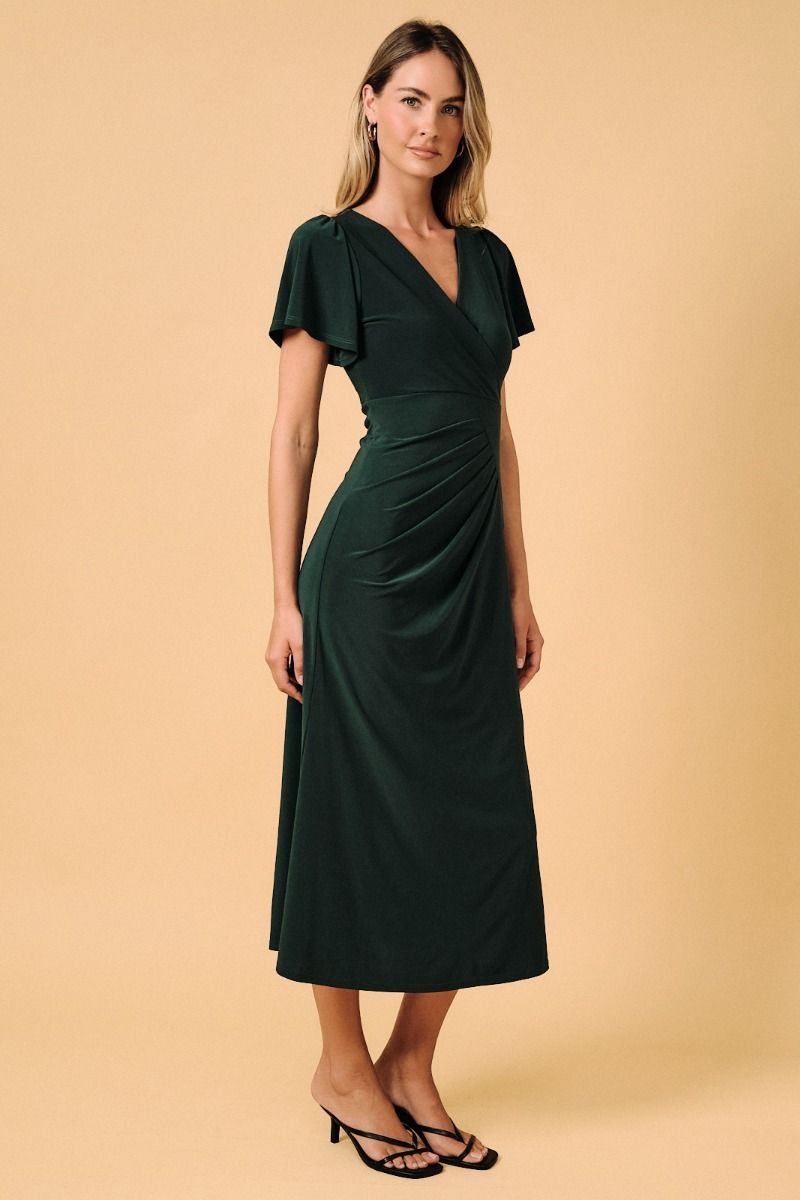 Surplice Flutter Asymmetric Pleats Midi Dress Forest Green