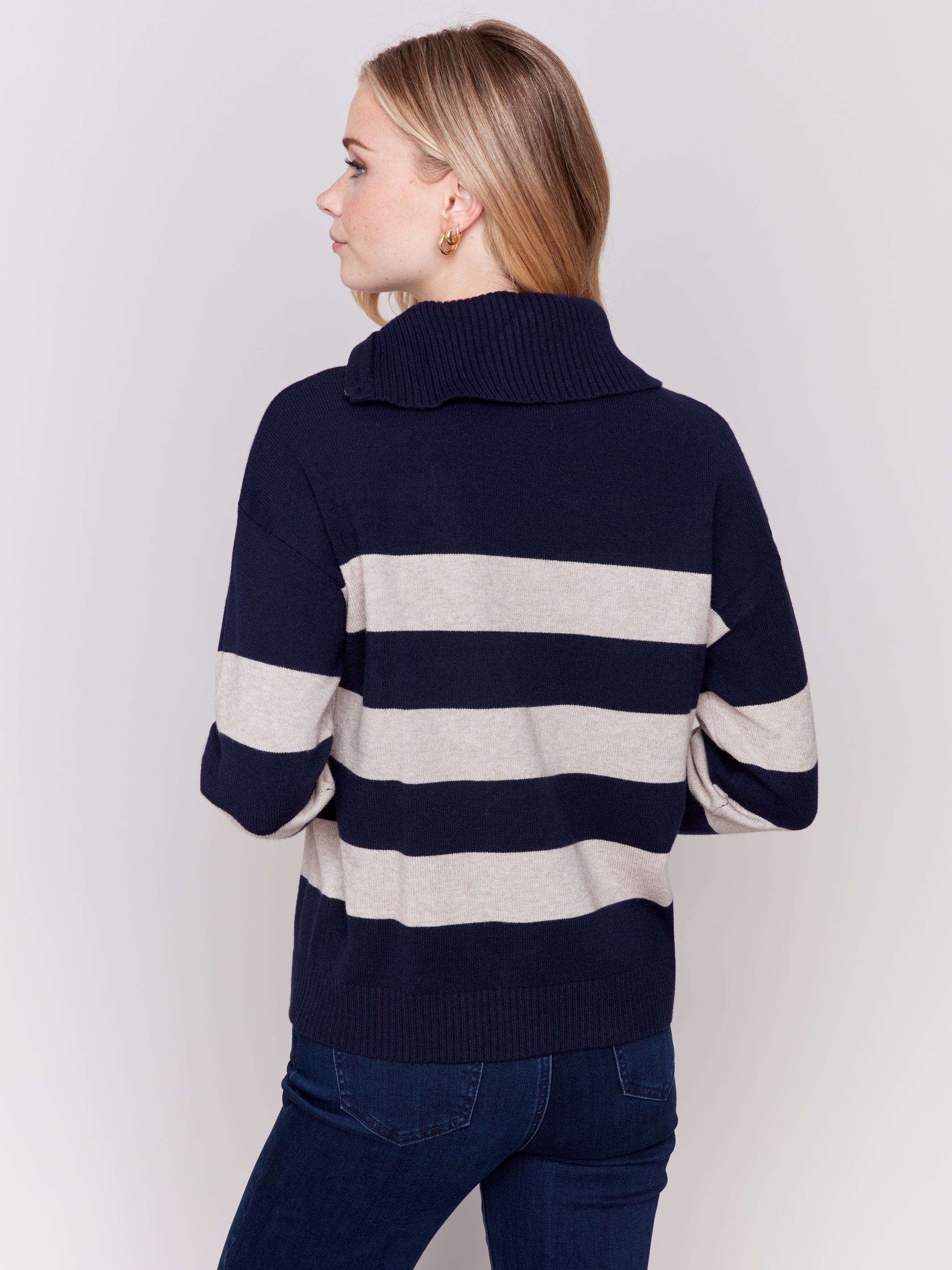 Side Zipper Stripe Turtleneck Sweater Navy