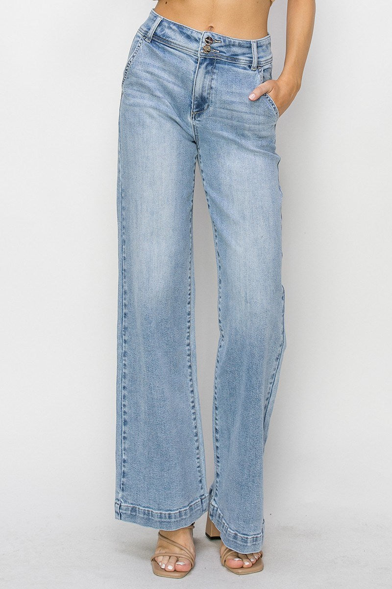 High Rise Double Button Wide Jeans Light
