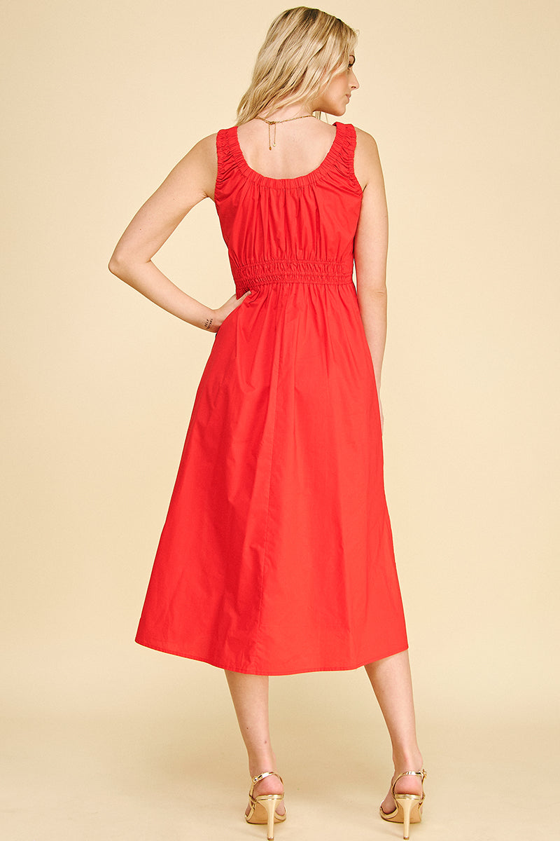 Poplin A Line Midi Sleeveless Dress Red