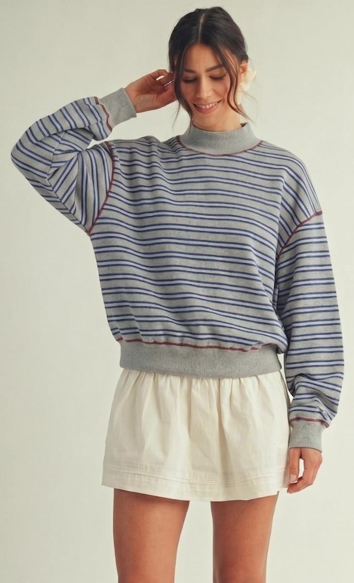 Stripe Stitched Mock Neck Sweatshirt Grey