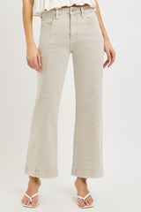 Tummy Control High Rise Crop Detail Wide Jeans Almond