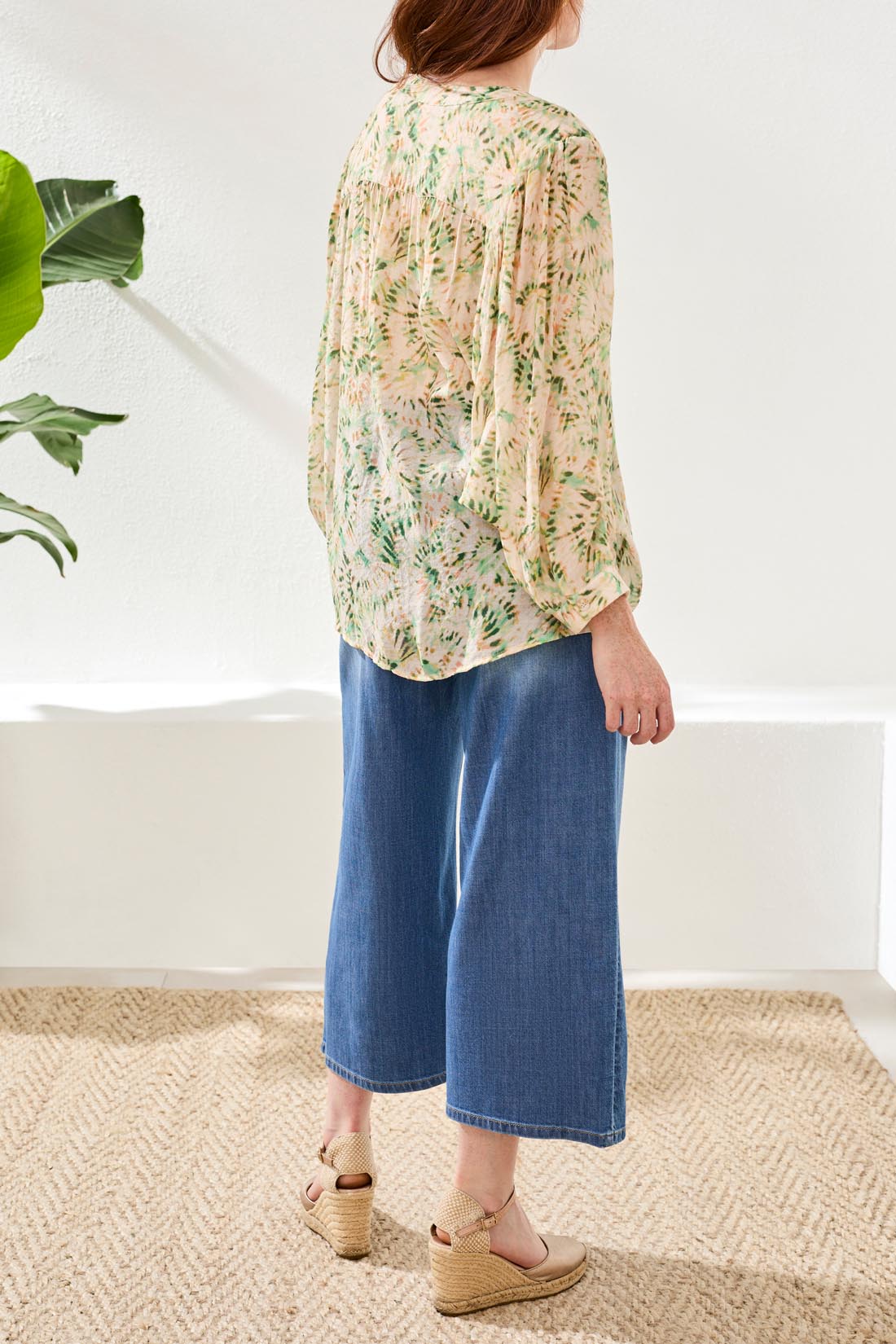 Printed Dolman Sleeve Button Down Blouse Cactus Clay